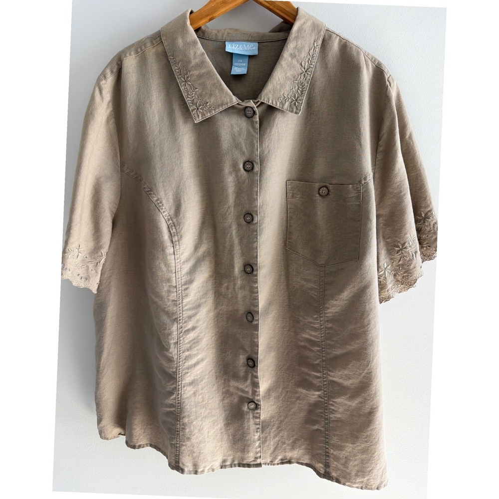 Liz & Me Women 2X Linen Cotton Blend Embroidered Button Down Shirt Taupe Khaki